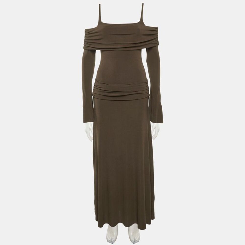 Chat By C.dam Brown Jersey Off-Shoulder Ruched Rosa Dress S - Picture 2 of 6